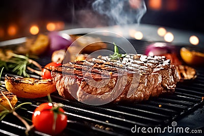 Close-up photo of Raw beef steaks with vegetables grilling. Stock Photo