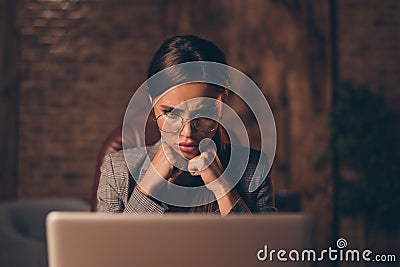 Close up photo serious she her business lady chief study information check clever smart intelligent reliable found Stock Photo