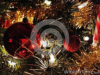 Close-up photo of shining red balls and other decorations Stock Photo