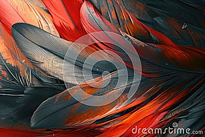 This close-up photo showcases a vivid assortment of feathers, revealing intricate patterns and textures, Background with imagery Stock Photo