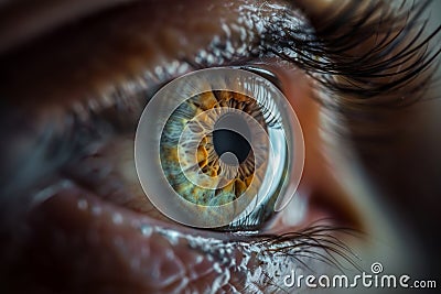 Macro shot capturing the intricate patterns and colors of a human iris Stock Photo