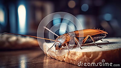 Cockroach on Bread in Kitchen - Generative AI Cartoon Illustration