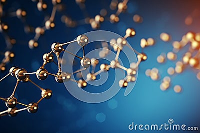 Molecular Chain of Golden Molecules on Blue Background Stock Photo