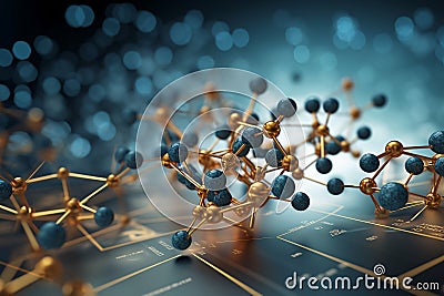 Molecular Chain of Golden Molecules on Blue Background Stock Photo