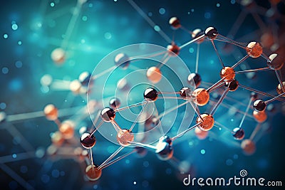 Molecular Chain of Golden Molecules on Blue Background Stock Photo