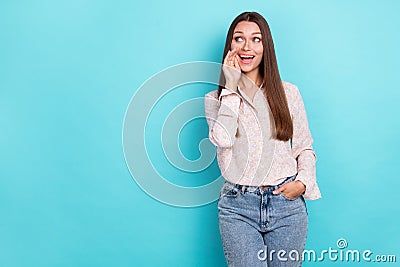 Close up photo of stylish pretty lady look empty space say hurry up share good news black friday sale isolated on cyan Stock Photo