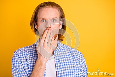 Close up photo of stylish trendy terrified guy having told you information he must have left untold horrified facial Stock Photo