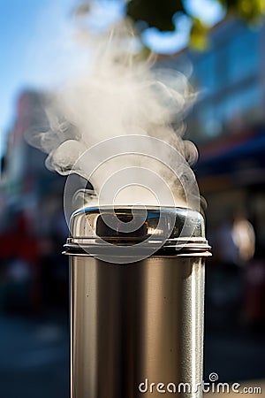Close-up photo of a thermos mug of hot coffee, tea with steam on the evening street. Cold days, damp weather. Mood and concept of Stock Photo