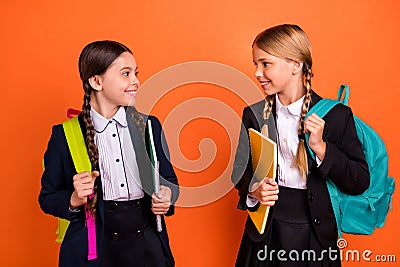 Close up photo two beautiful she her little ladies funny hands arms planners ready first learn day tell vacation news Stock Photo
