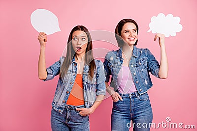 Close up photo two beautiful she her sisters ladies buddies hands arms paper advert cloud mind express feelings emotions Stock Photo