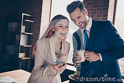 Close up photo two partner buddies she her listening business lady he him his guy tell speak joking humorous funny story Stock Photo
