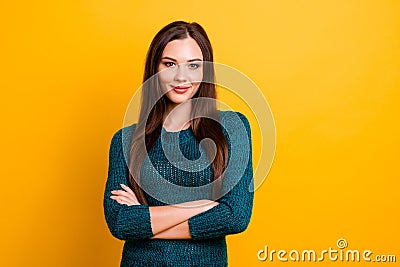 Close up photo wonderful amazing her she lady arms crossed long straight hair self-confident easy-going kindhearted wear Stock Photo