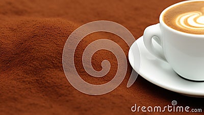 This close-up photograph captures a coffee cup filled with a frothy cappuccino sitting atop a pile Stock Photo