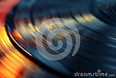 This close-up photograph captures a record on a table, showcasing its grooves and creating a visual representation of music, Stock Photo