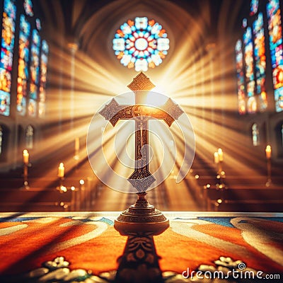 A close-up photograph capturing the solemnity of a cross at the center stage of a church altar Stock Photo