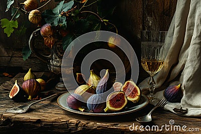 A close-up photograph of a plate filled with fresh figs next to a glass of red wine, A warm still life of a rustic table setting, Stock Photo