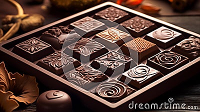 Close-up photography of box of handcrafted chocolate, gourmet dessert. Generative AI Stock Photo