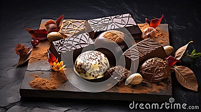 Close-up photography of craft chocolate on dark background, gourmet dessert. Generative AI Stock Photo