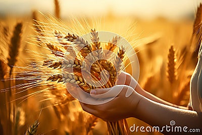 Close-up photography of hands holding wheat spikelets, organic farming concept. Generative AI Stock Photo