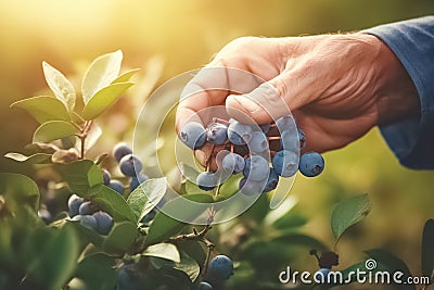 Close up, picking blueberry or bilberry, sunny weather, illustration. Generative AI Cartoon Illustration