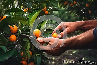 Close up, picking citrus, citrus fruit, oranges and mandarin, sunny weather, illustration. Generative AI Cartoon Illustration