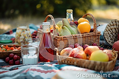 close-up of picnic basket, with colorful assortment of foods and drinks visible Stock Photo
