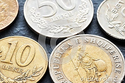 Close up picture of Albanian lek coins. Stock Photo