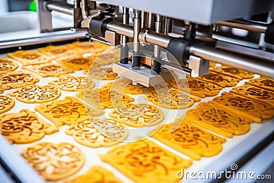 close-up picture of pattern pressing machine imprinting on cookies Stock Photo
