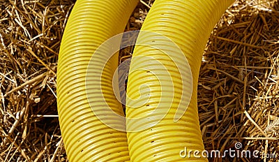 Close up picture of perforated yellow land drainage pipe, it is used to remove excessive ground water from fields and gardens, Stock Photo