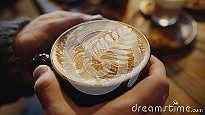 The close up picture of the person holding the cup of latte art coffee. AIG43. Stock Photo