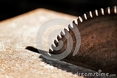 Close-up picture of a rusty circular saw in an old sawmill Stock Photo