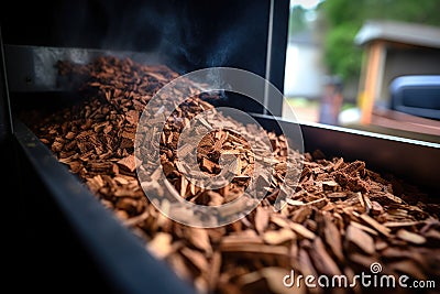 close up picture of smoking wood chips in bbq smoker Stock Photo
