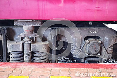 Close-up picture of steel wheels, spring shock absorber wheels Stock Photo