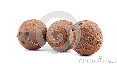 Close-up picture of three whole, fresh and brown coconuts, on a white background. Beautiful ripe and juicy exotic nuts. Stock Photo