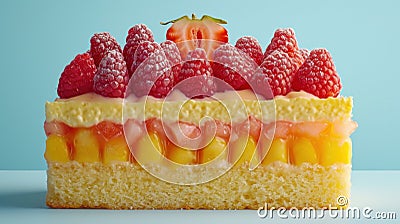A close up of a piece of cake with fruit on top, AI Stock Photo