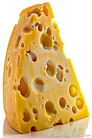 Close up of piece of cheese with holes in it. Generative AI Stock Photo