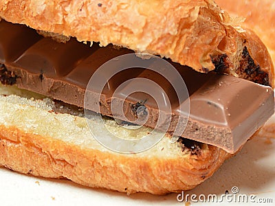 Close up of a piece of chocolate in the middle of the croissant Stock Photo