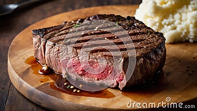 A close up of a piece of grilled steak on a cut, plating with spice and ingridients Stock Photo