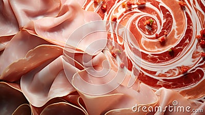 A close up of a piece of meat with red and white swirls, AI Stock Photo