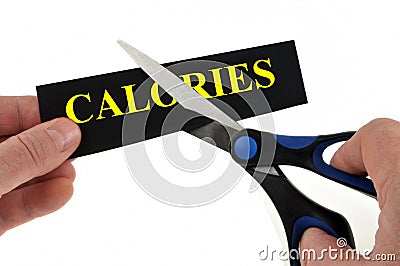 Diet concept with someone cutting the word calories with scissors on white background Stock Photo