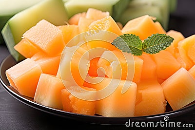 Close-up pieces of juicy melon with fresh mint leaf in black plate. Generative AI Stock Photo