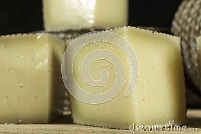 Close-up pieces of Manchego Curado cheese Stock Photo