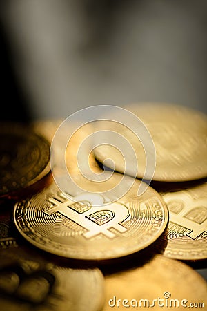 Close up of pile of bitcoin coins Stock Photo