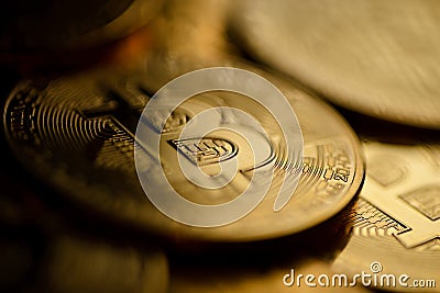 Close up of pile of bitcoin coins Stock Photo