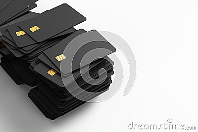 Close-up of a pile of black credit cards on a white background. Cartoon Illustration