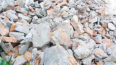 Close up of pile of broken red bricks, fragments of tiles and concrete Stock Photo