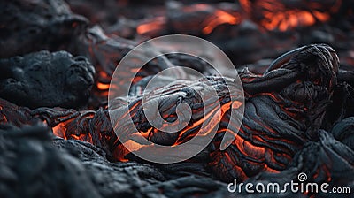 a close up of a pile of coal with a fire in the background and a black background with a red light coming from the top of it Stock Photo