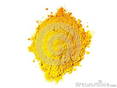 Close-up of a pile ground turmeric root isolated on a white background. Top view. Stock Photo