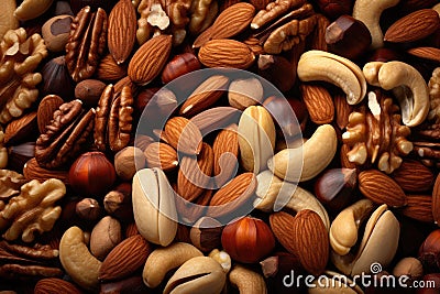 close-up of a pile of mixed nuts: almonds, cashews, walnuts Stock Photo
