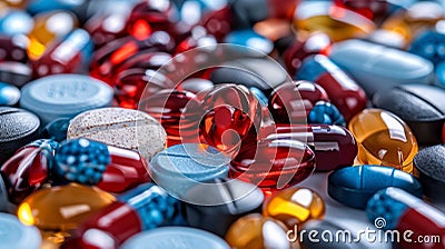 A close up of a pile of pills and capsules on the table, AI Stock Photo